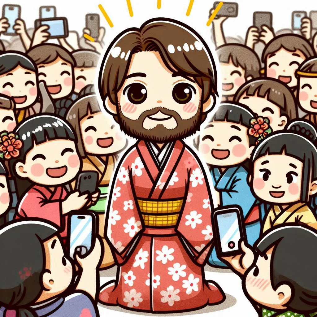 occidentale in kimono e giapponesi che fanno selfie