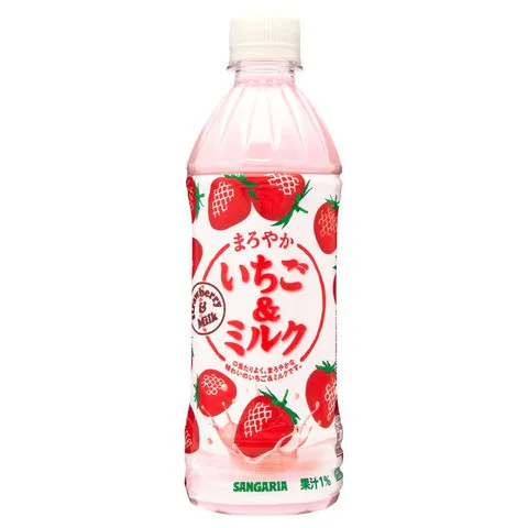 Bottiglia rosa e bianca di bevanda alla fragola Sangaria.