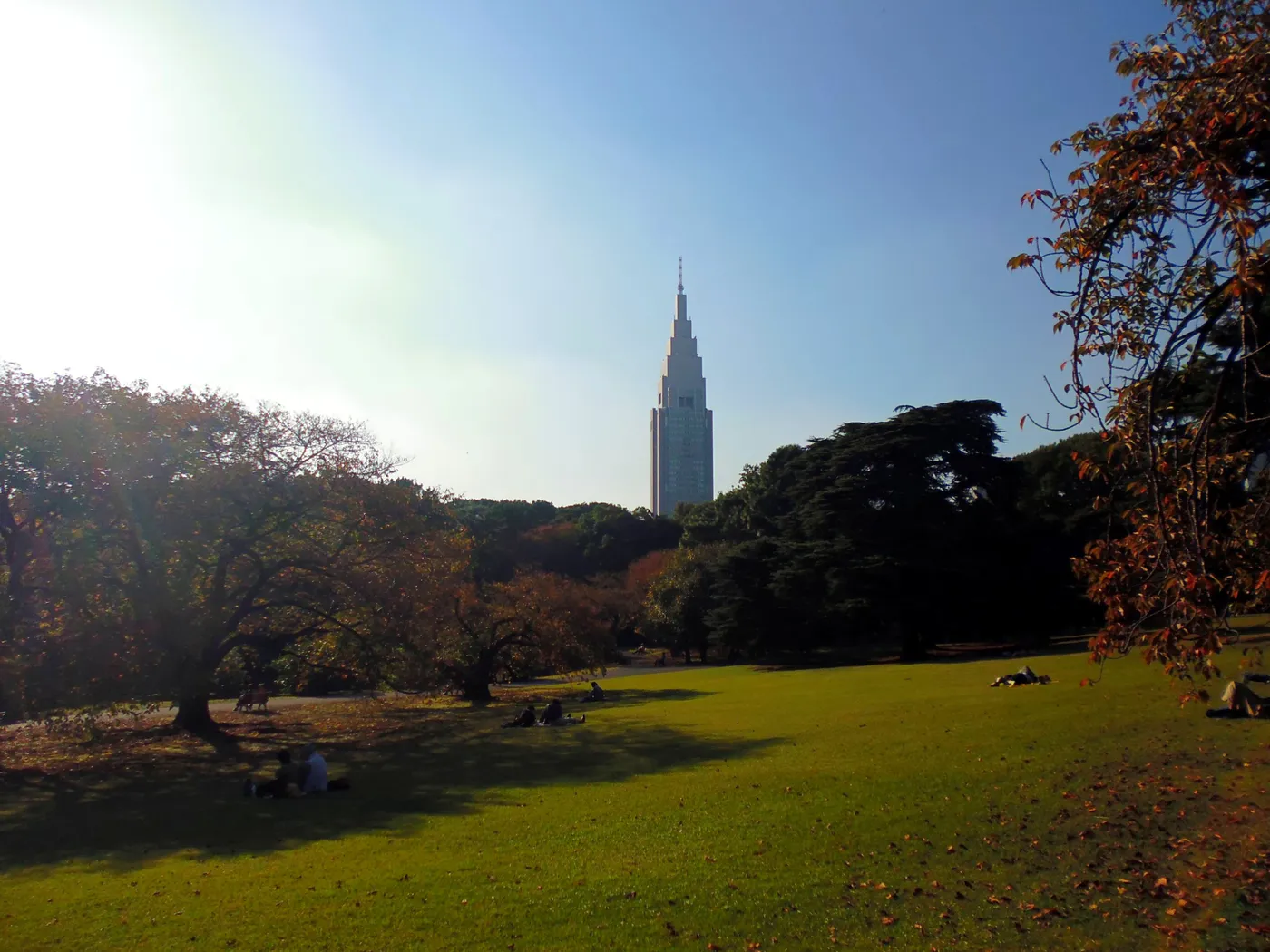 Interno del parco di Shinjuku con vista dell'orologio NTT Docomo