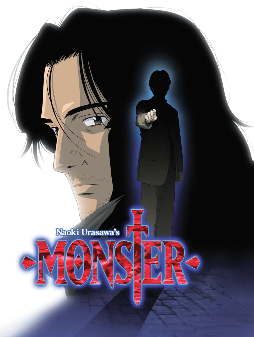 Locandina di Monster di Naoki Urasawa, con il protagonista e una sagoma scura.